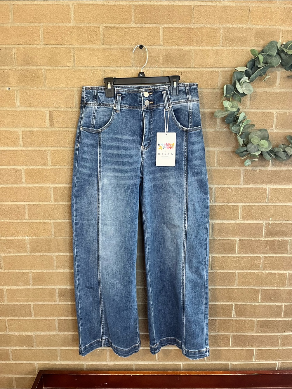 Risen High-Rise Wide Leg Jeans in Medium Blue